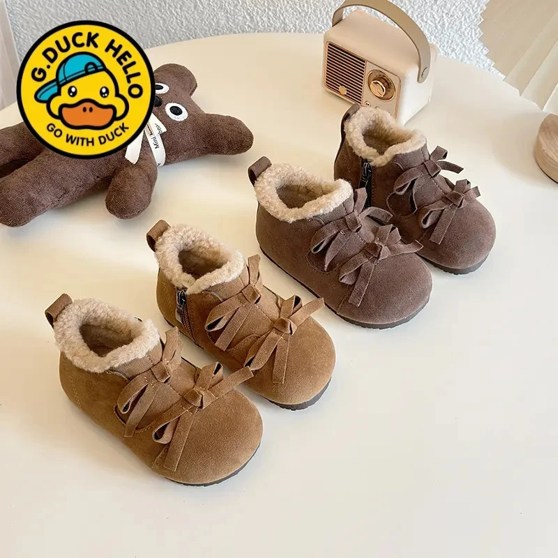 小黄鸭2025冬季新款儿童加绒皮鞋中小童软底宝宝鞋女童保暖勃肯鞋