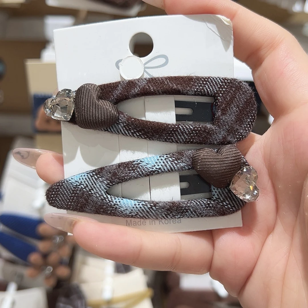 仿珍珠非金属爱心蓝色格子掰掰夹