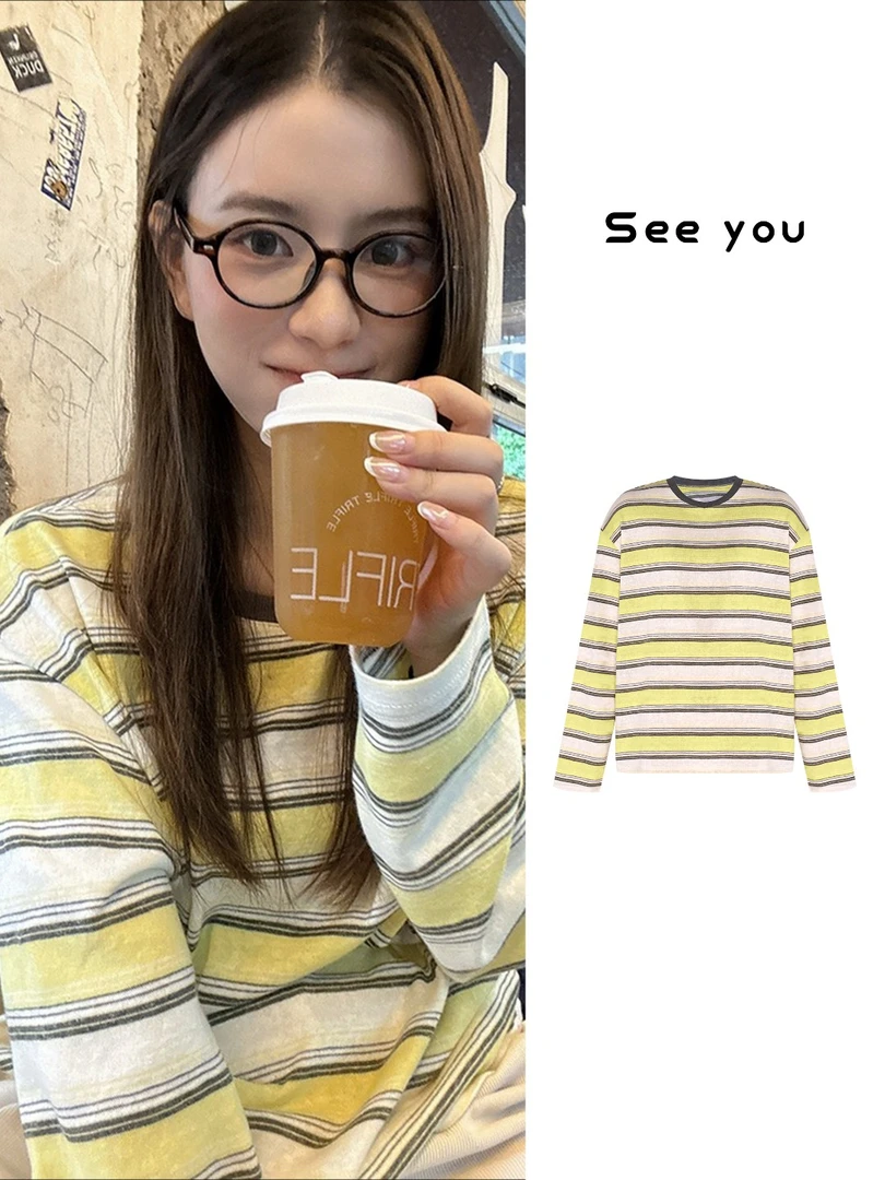 早秋ing风宽松慵懒长袖条纹拼色t恤B1634