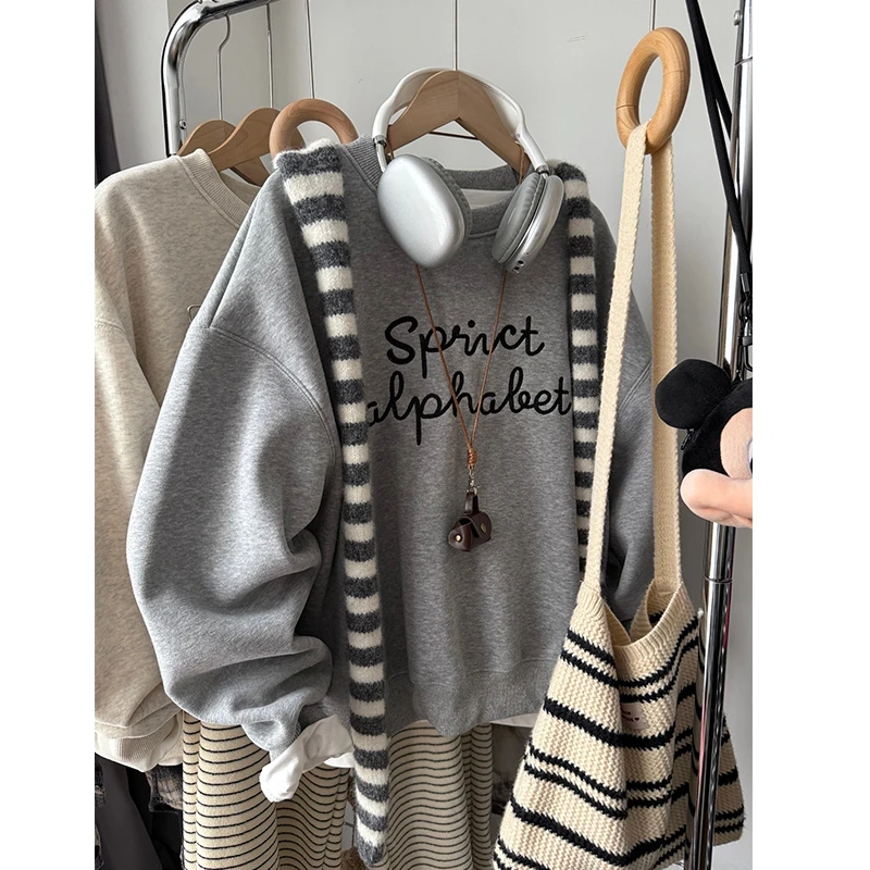 胖妹妹240斤大码韩系简约加绒加厚套头卫衣女秋冬季宽松显瘦上衣