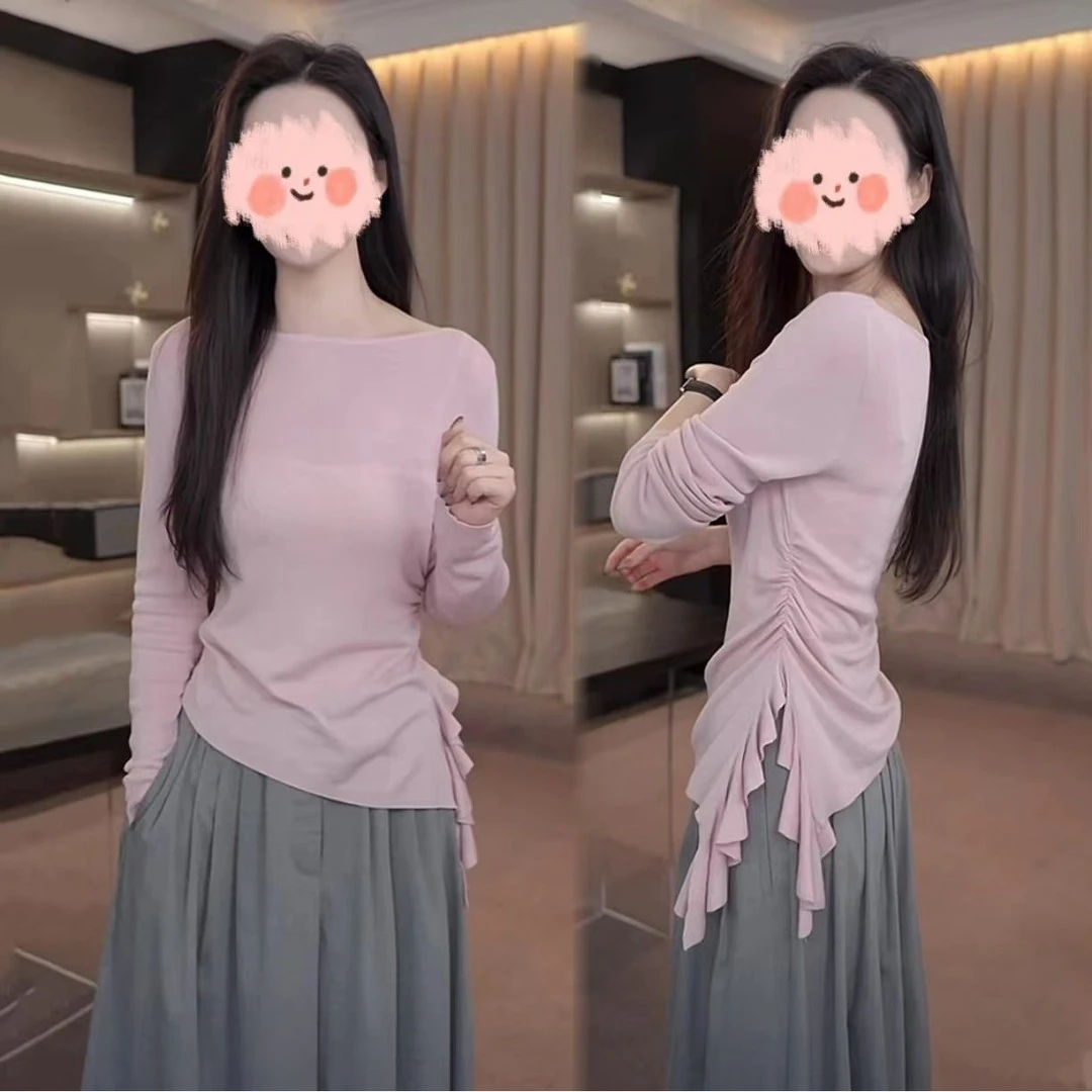 一字肩粉色荷叶边打底衫长袖女秋季2025新款不规则抽褶上衣T恤潮