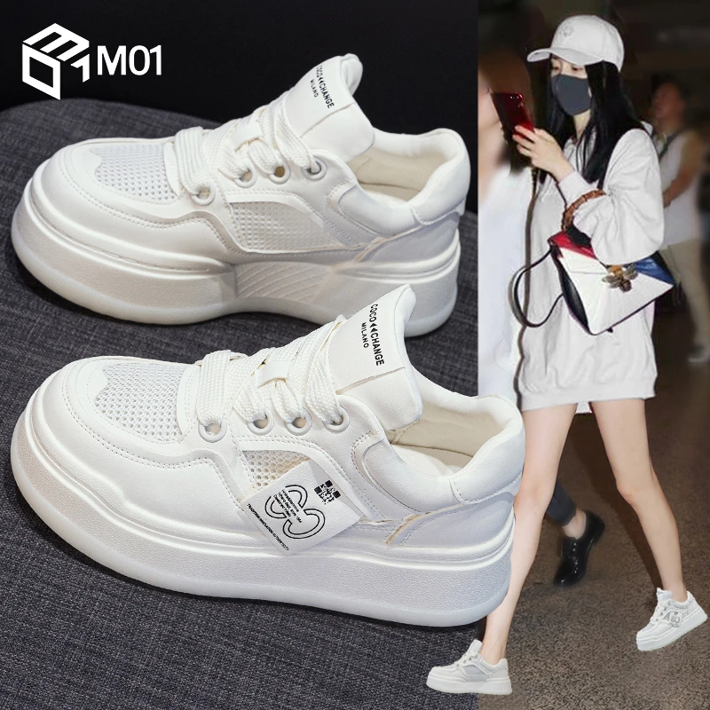 M01夏季网面小白鞋女透气薄款2025爆款超火厚底松糕运动休闲板鞋