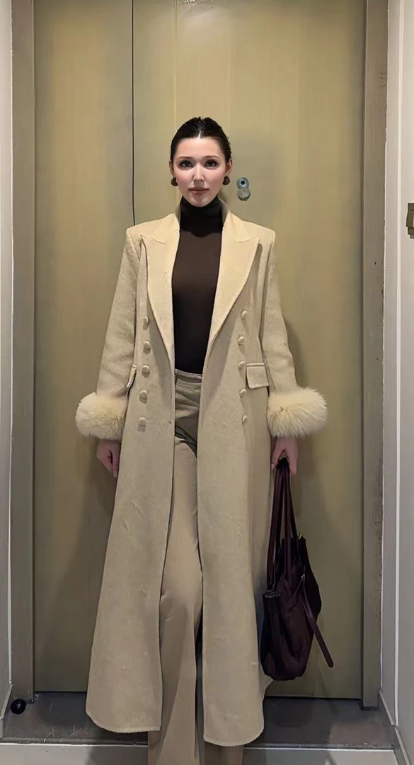 秋冬袖口双面绒大衣女中长款带狐毛收腰气质外套