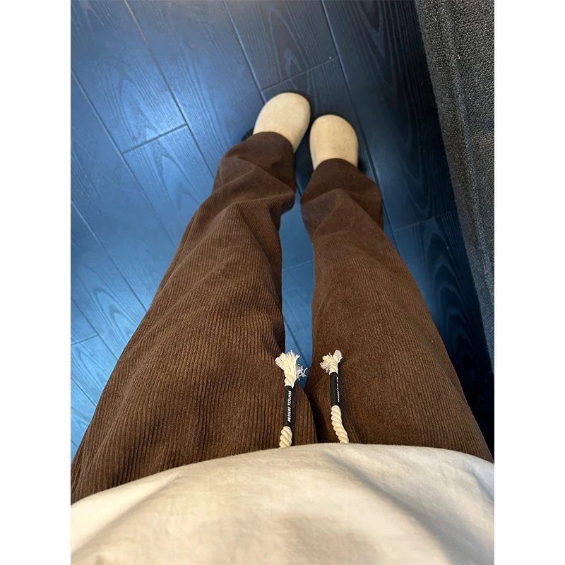 美式加绒加厚羊羔绒休闲裤男秋冬宽松咖色灯芯绒卫裤直筒阔腿长裤