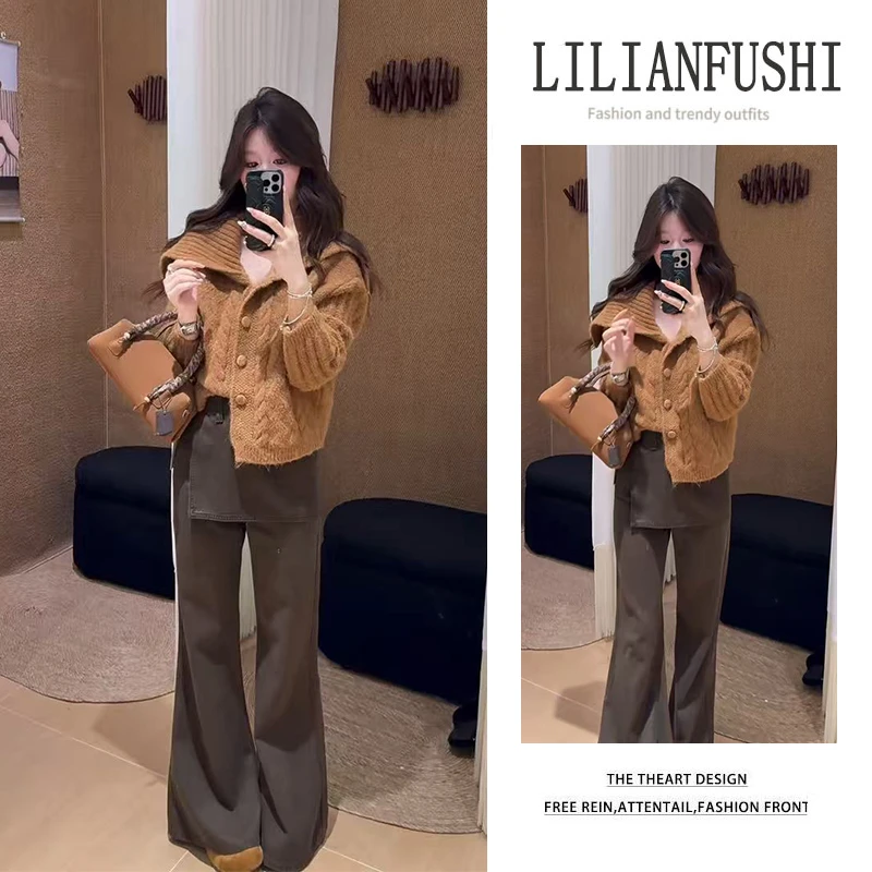 今年秋冬流行漂亮套装2025新款轻熟法式气质个性毛衣休闲裤两件套