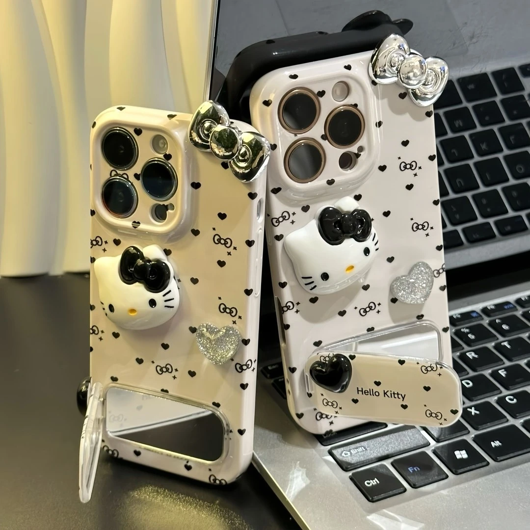 适用波点爱心kitty镜子支架苹果16pro菲林手机壳华为vivo小米oppo