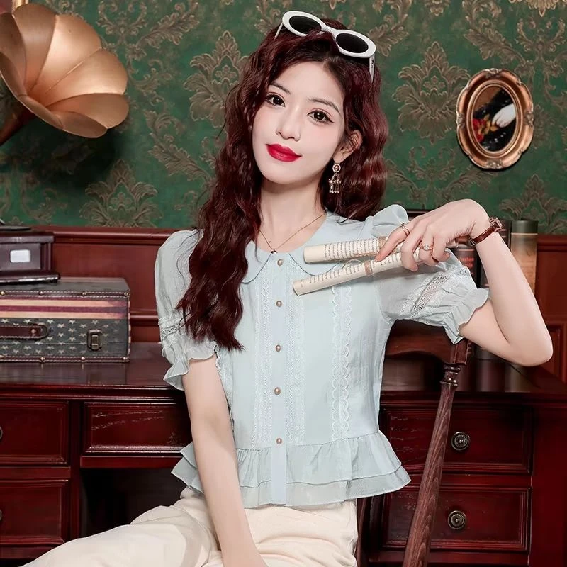 蓝色法式宽松短袖衬衫夏季泡泡袖女士上衣不规则小衫韩版潮