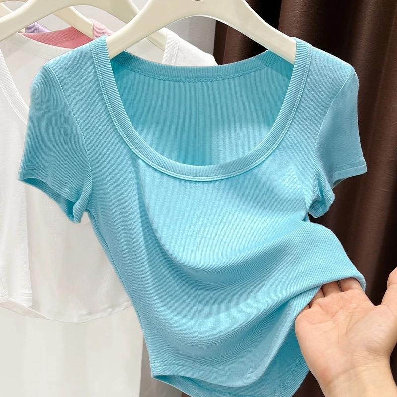 夏季清凉透气蓝色短袖圆领T恤女2025夏季新款极简风修身短款上衣