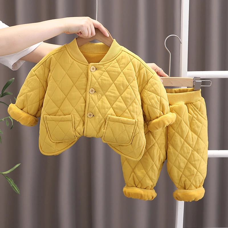 宝宝冬季套装加厚棉服家居服婴儿衣服秋冬男女童加绒夹棉两件套潮