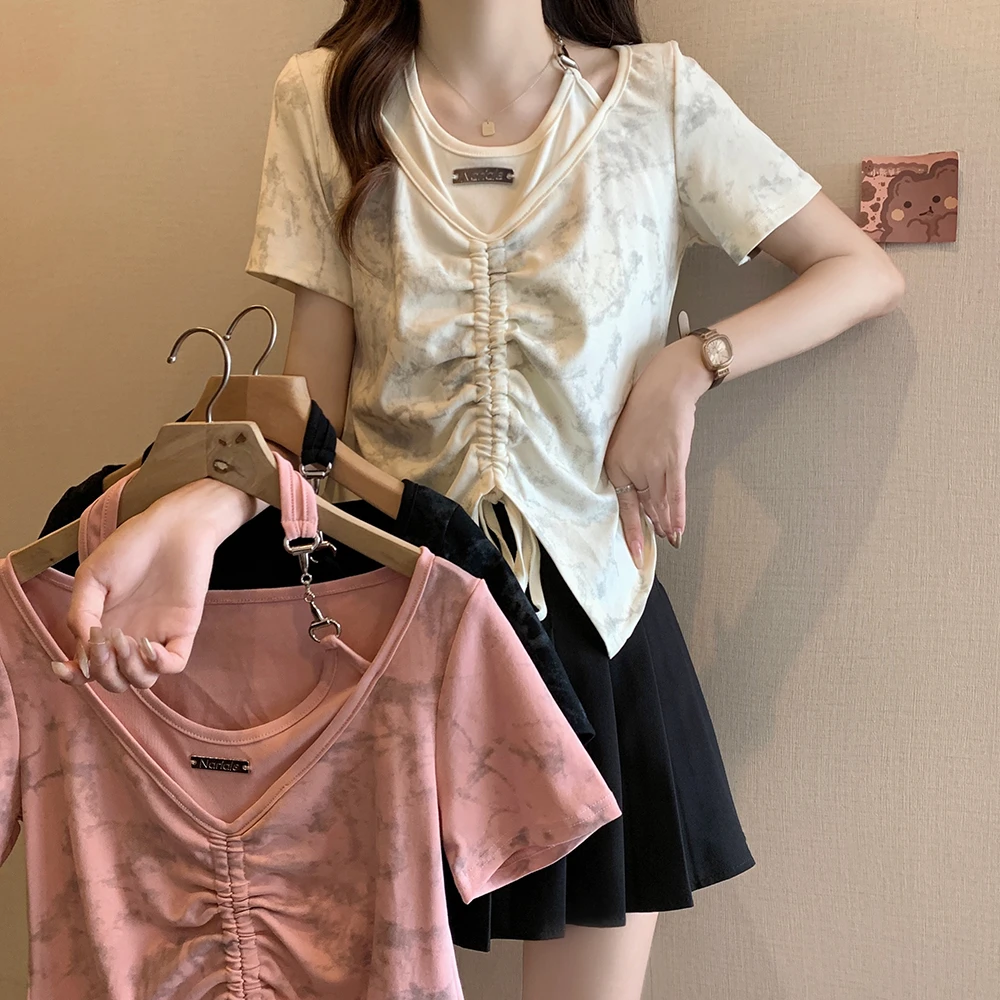 2025年大码女装新款扎染短袖假两件上衣 2631