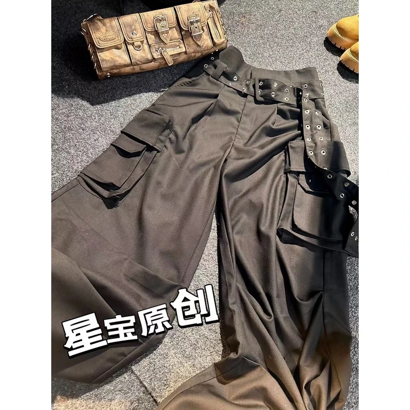 美式高街黑色重工工装裤女2024新款小众宽松阔腿裤裤子