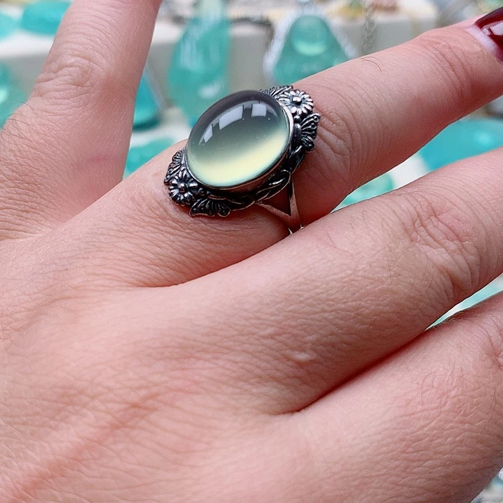 蛇纹石玉戒指银S925镶嵌