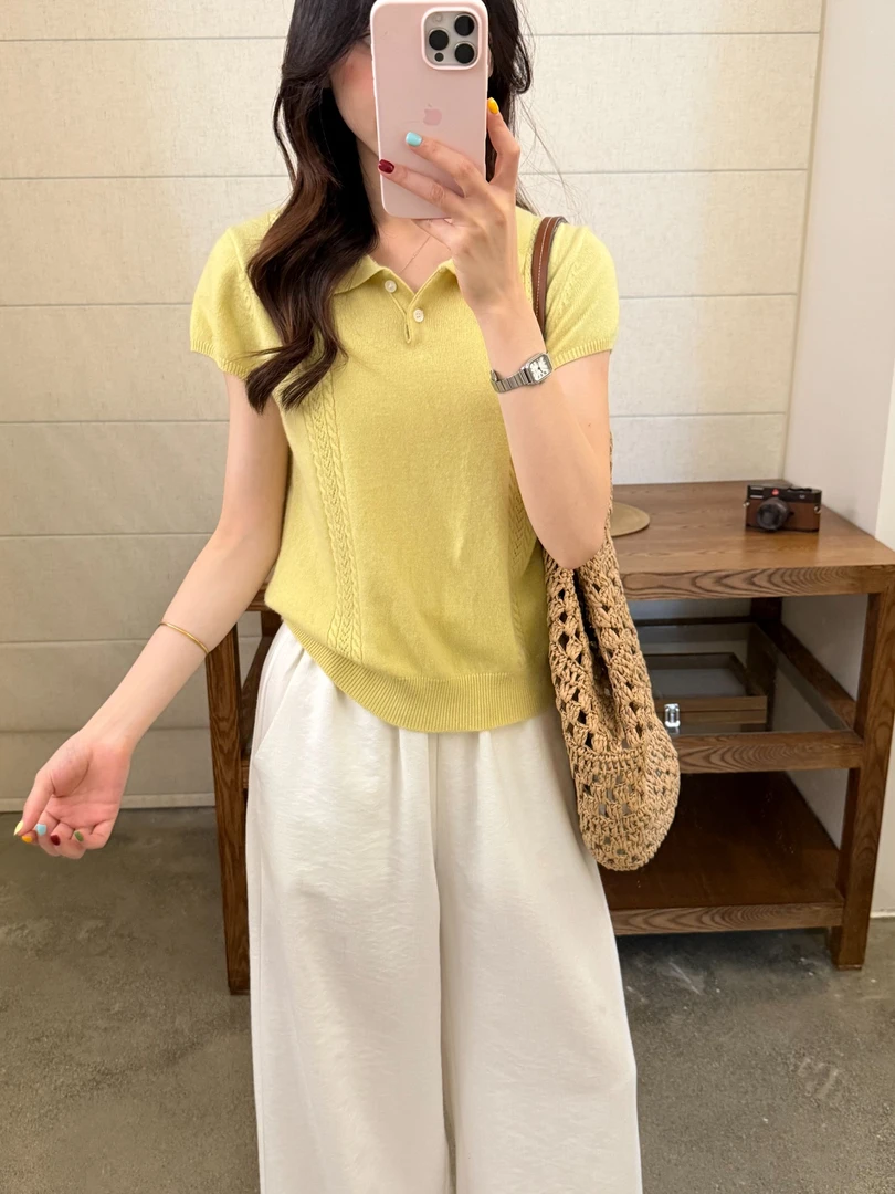 953#『70%羊毛』韩系温柔气质百搭麻花针织短袖上衣（福利）