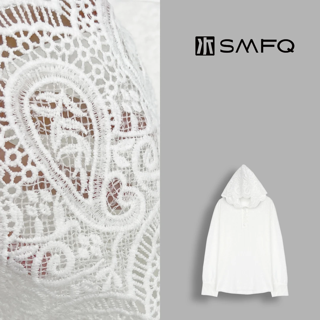 水木夫妻”素笺“棉麻混纺宫廷风蕾丝连帽衫百搭上衣女