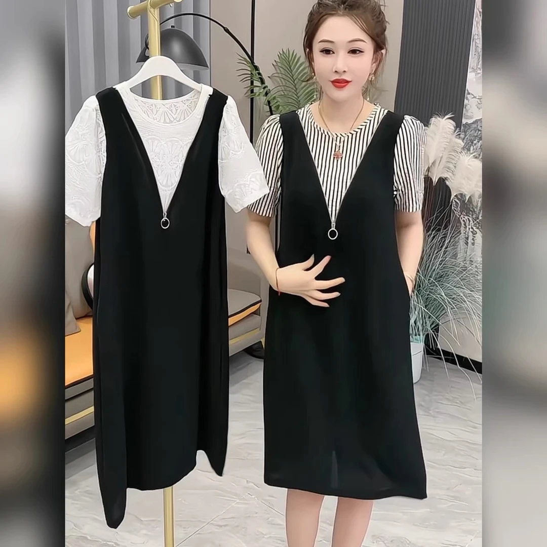 简约休闲连衣裙宽松显瘦遮肉假两件