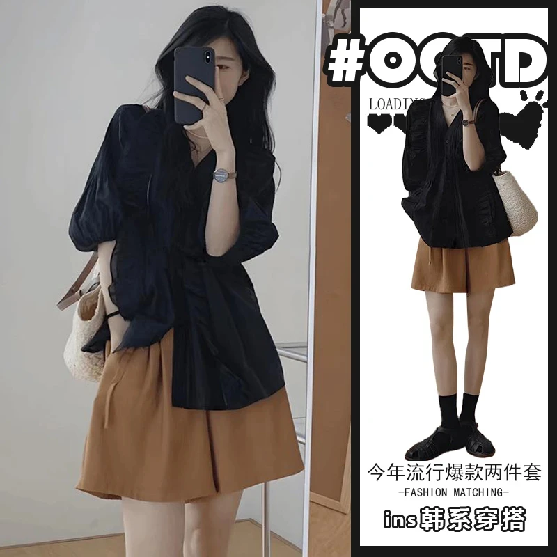 欧货两件套时尚套装2025夏季美式气质灯笼袖衬衫搭配高腰阔腿短裤