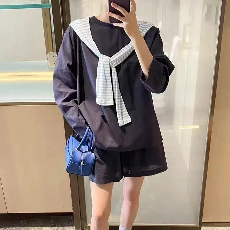 【晶姐推荐】时尚套装三件套百搭条纹披肩薄款套装QG3220