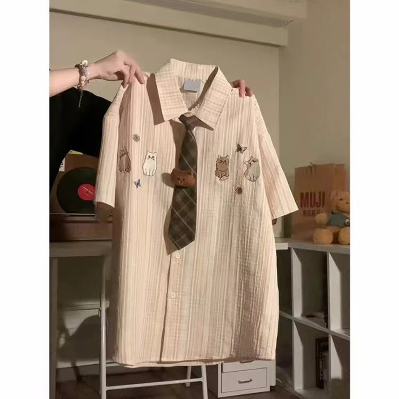 美式复古卡通小猫刺绣格子短袖衬衫女男夏季宽松休闲半袖衬衣外套