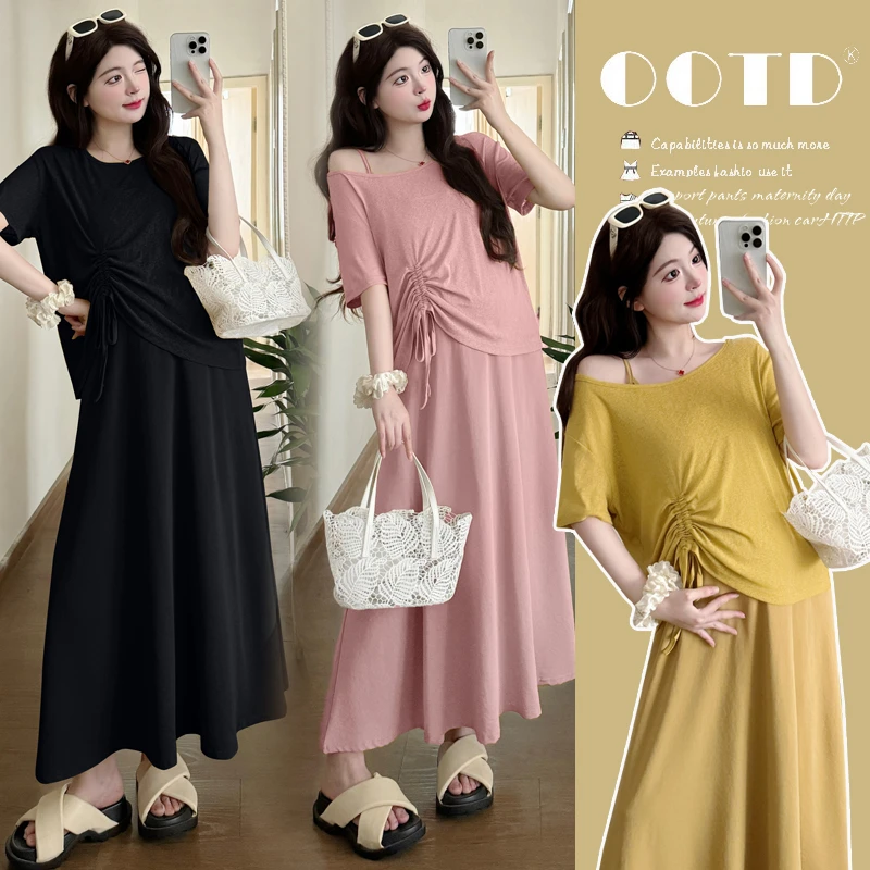 【圆圆】夏季法式简约显瘦两件套大码休闲孕妇套装6667