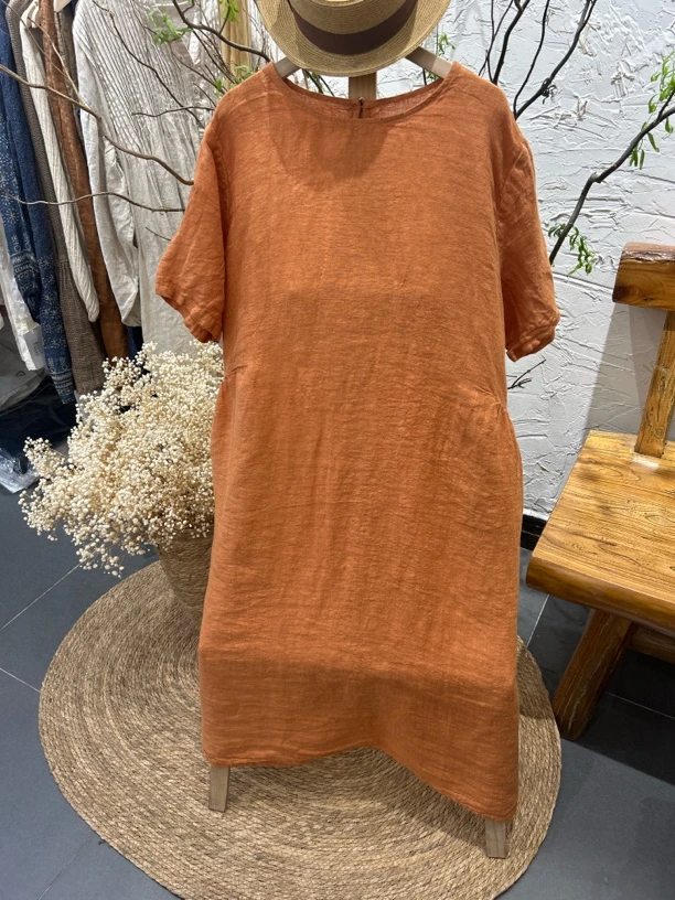 夏季新款亚麻长款简约文艺通勤圆领中长A字连衣裙