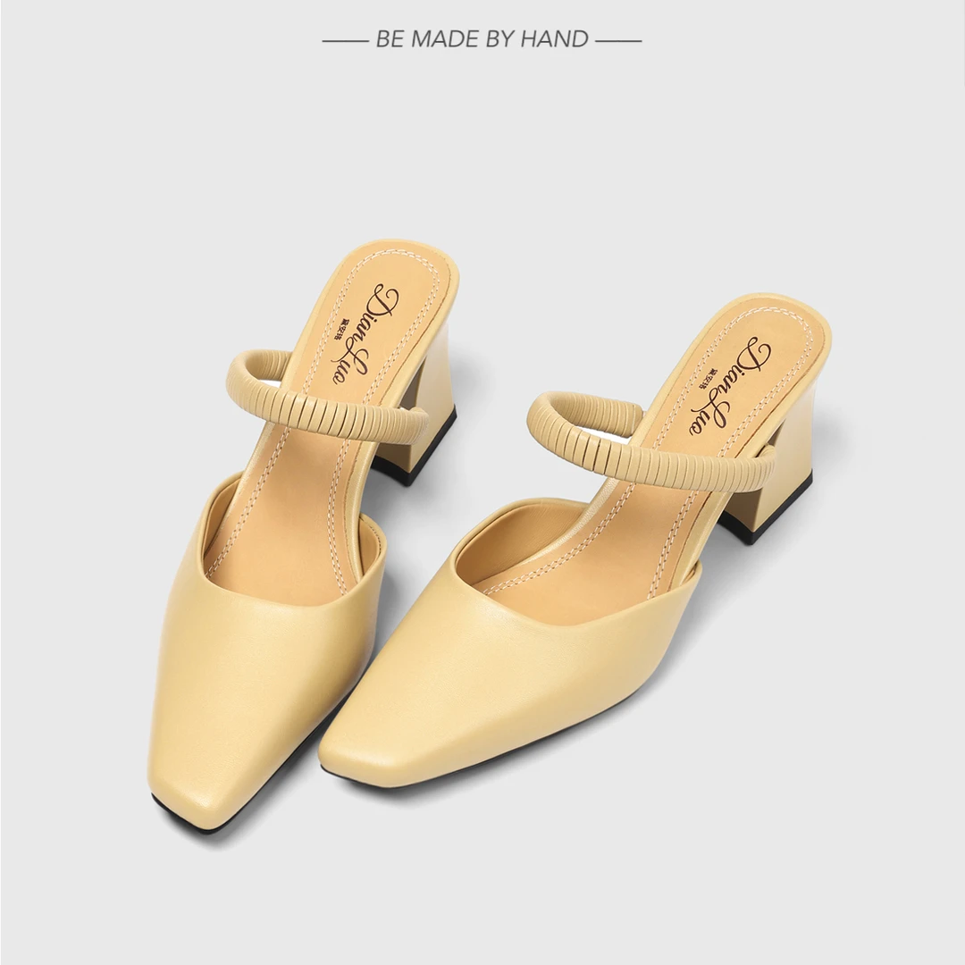 【跟高6cm】新款夏季凉拖鞋女包头高跟鞋粗跟半拖真皮方头百搭女鞋