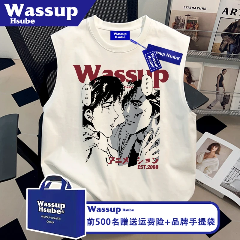 WASSUP HSUBE夏季印花原宿风纯棉上衣男女同款ins白色T恤无袖背心