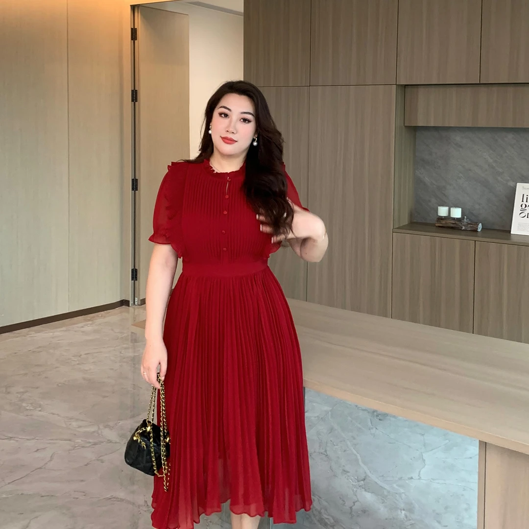 GLEC大码女装夏2025新款高端时尚优雅百褶大摆公主风连衣裙G536A