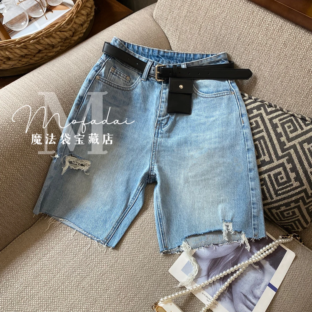 【魔法袋】蓝色牛仔短裤女夏季新品直筒破洞弹力机车裤中裤五分裤