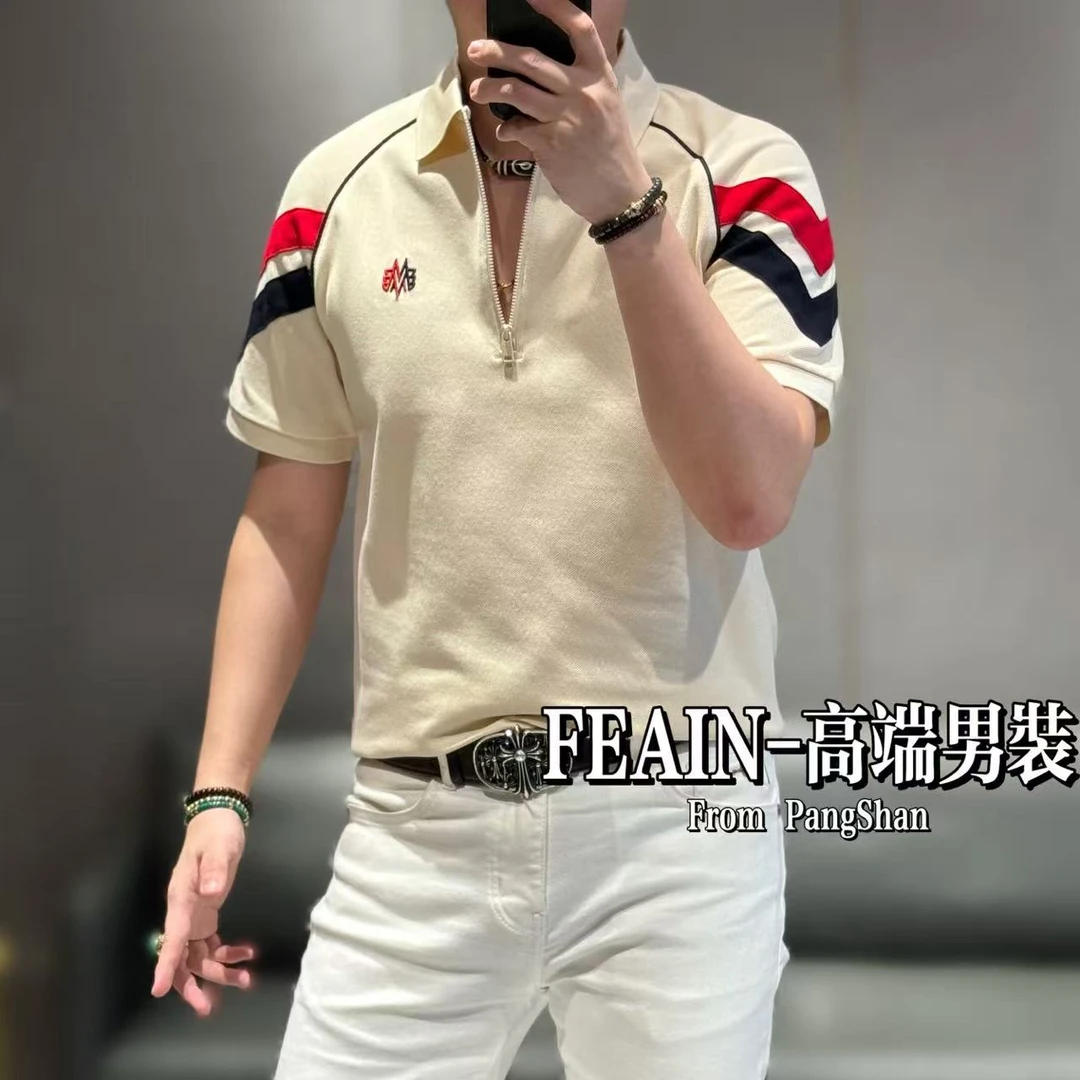 【雷迪·凯奇】男士擦肩袖设计手工拼接M字刺绣胸标短袖拉链Polo9665