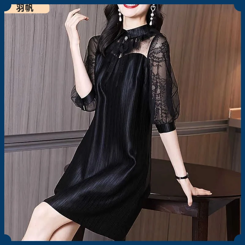 1夏款女装2025年新款赫本风a字大码胖mm遮肚子蕾丝网纱拼接连衣I