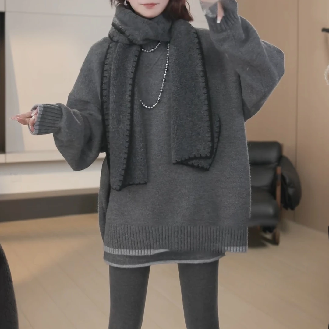 2024冬季新款设计感撞色显瘦高级宽松慵懒毛衣+短裙套装LK2501027