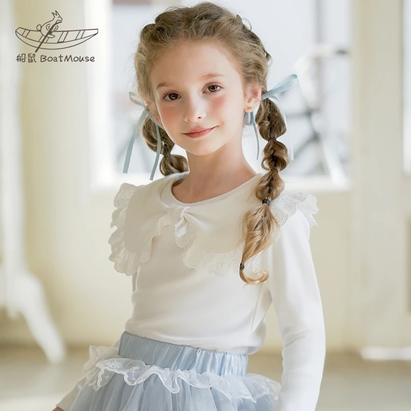 船鼠女童白色t恤长袖棉质花边 韩版洋气小女孩儿童女宝宝上衣春秋