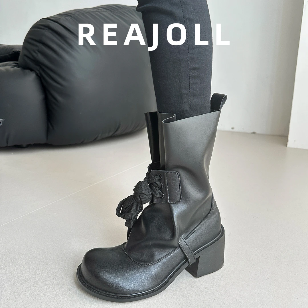 马丁靴女款2025新款绑带时尚法式圆头粗跟骑士黑色显瘦短靴子女