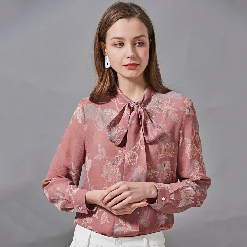 【墨枝】系带领百搭印花真丝衬衫S9007735
