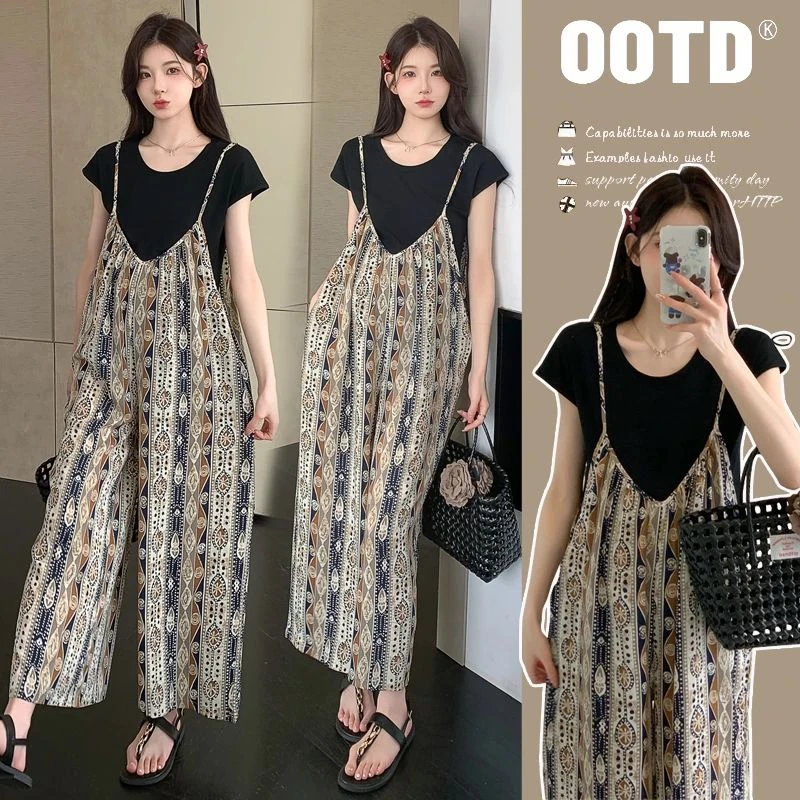 孕妇背带裤套装夏装新款时尚韩版显瘦上衣宽松休闲时尚雪纺阔腿裤