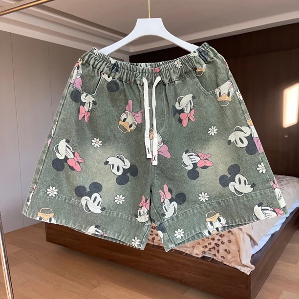 788米奇印花军绿色牛仔五分短裤