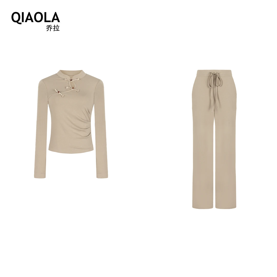 QIAOLA/乔拉【茶园小歇】小众早弹力坑条小立领新中式时尚套装预售