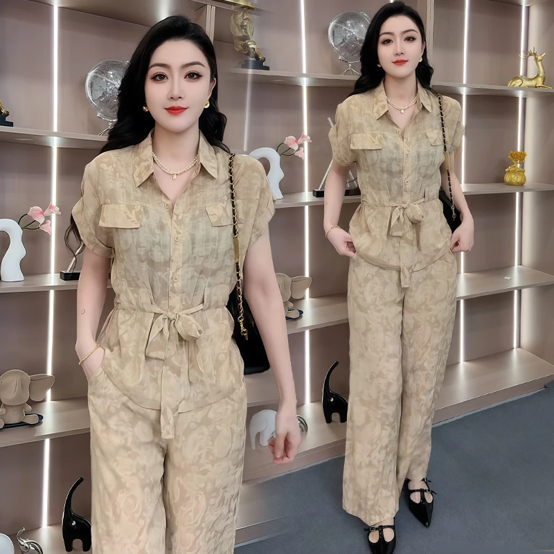 小个子时尚百搭套装女2025年夏季新款印花短袖衬衣阔腿裤两件套潮