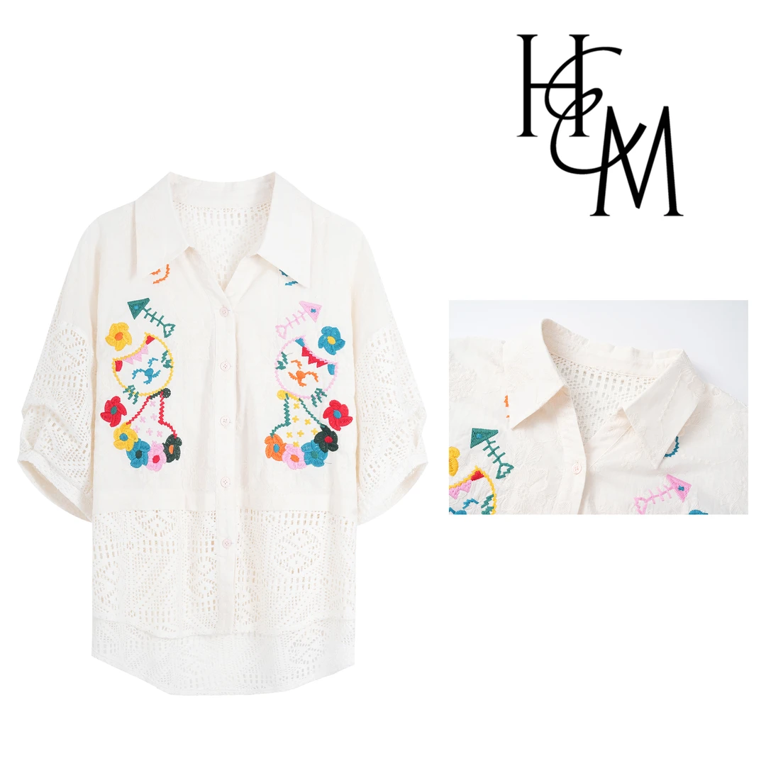 HUIERMAN/慧尔曼100%棉时尚复古港风气质减龄镂空刺绣衬衫【15459】