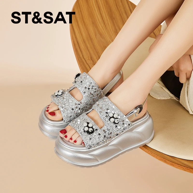 星期六厚底凉鞋女款2025夏季新款透气舒适百搭潮流亮片休闲沙滩鞋