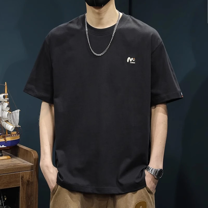 夏季重磅纯棉圆领短袖t恤男2025新款简约大码半袖刺绣潮牌体恤潮