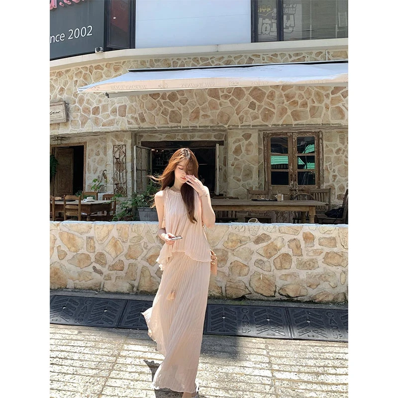 法式复古无袖名媛小香风套装夏季新款系带挂脖上衣气质半裙两件套