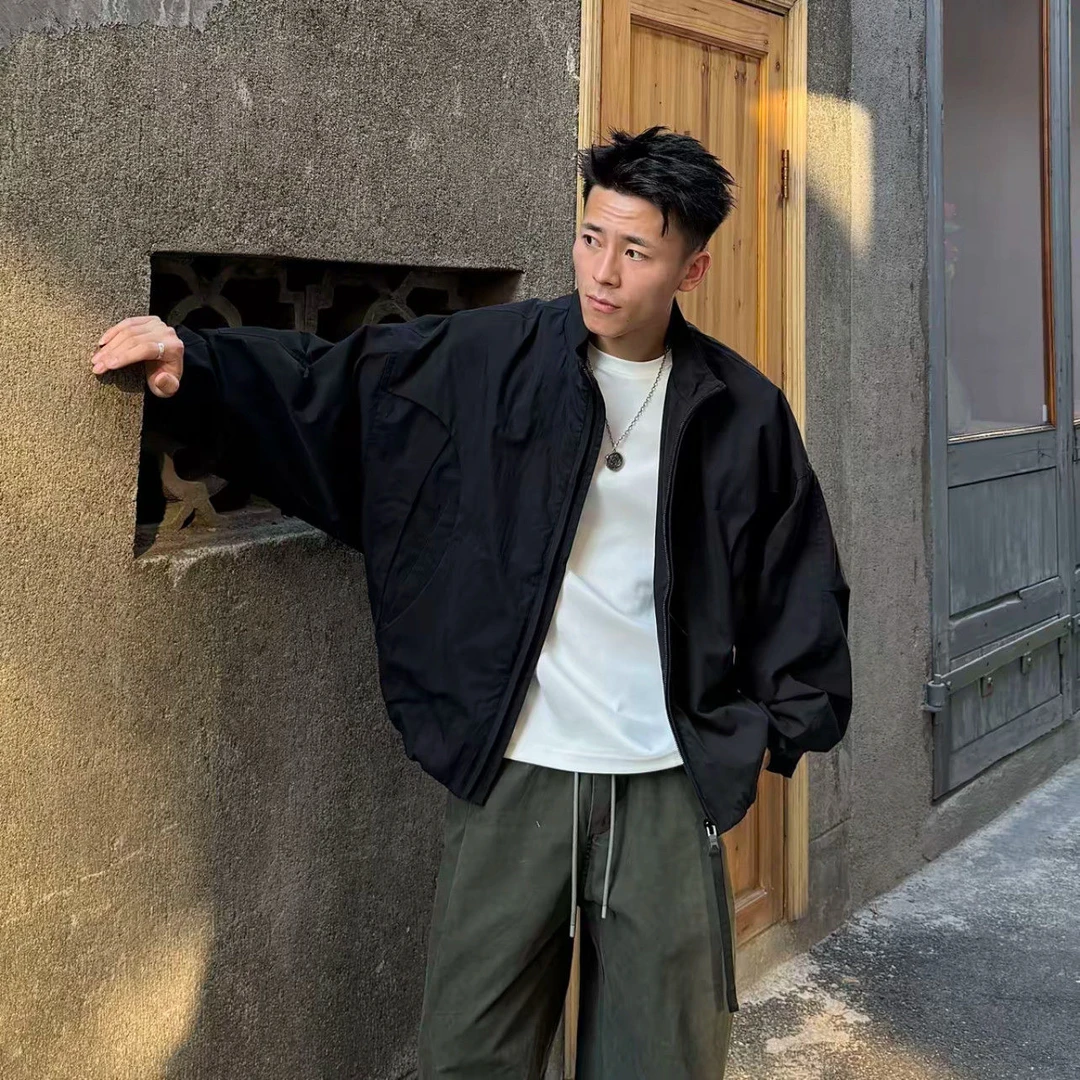 潮牌美式复古拼接机能风蝙蝠袖夹克男士奇迹时尚百搭宽松休闲外套