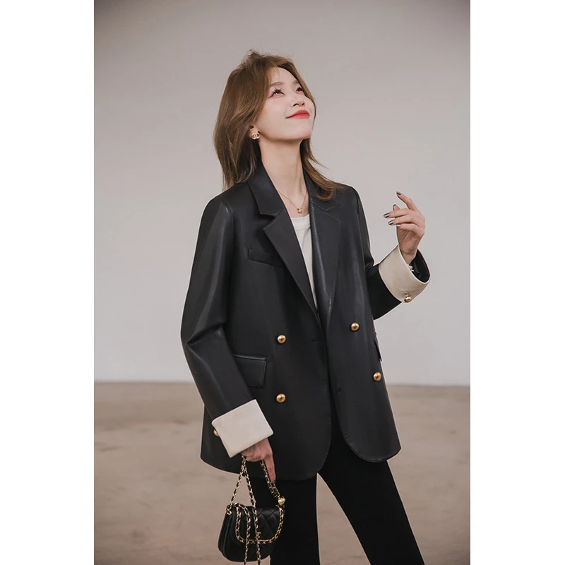 小谷粒rose皮衣 高级感黑色PU皮衣外套女春季韩版设计感拼色西服