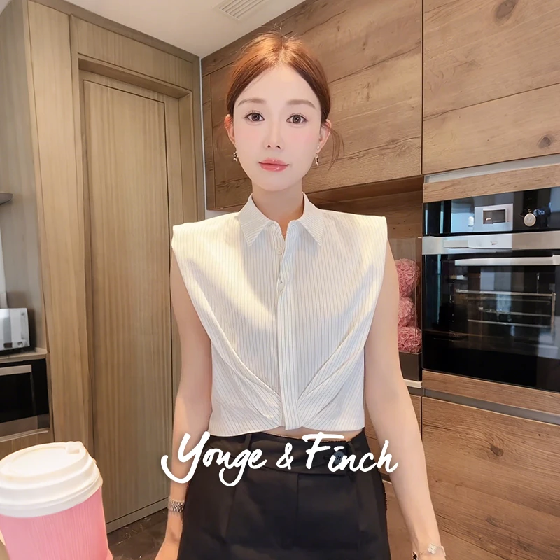Yonge&Finch/扬芬缇2025秋季细条纹扭结收腰无袖衬衣套装 KESAREY