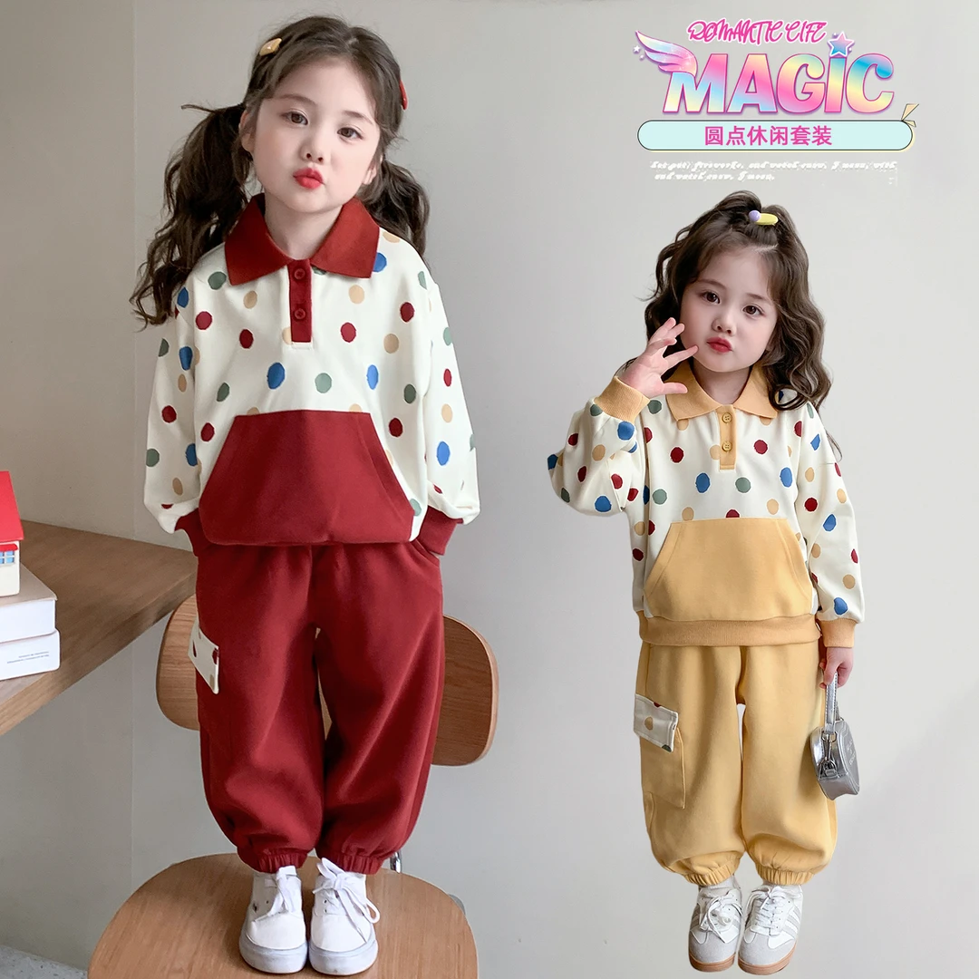 女童POLO套装洋气波点儿童休闲卫衣两件套女孩宝宝春秋装2025新款