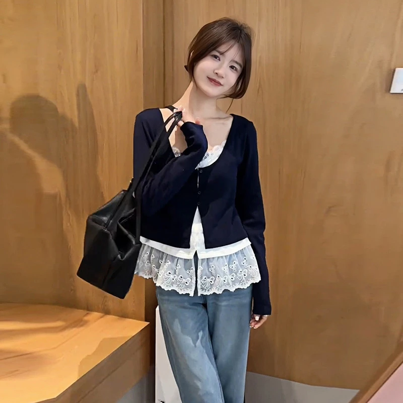 韩系甜美减龄蕾丝拼接假两件T恤女2025春季新款显瘦百搭休闲上衣