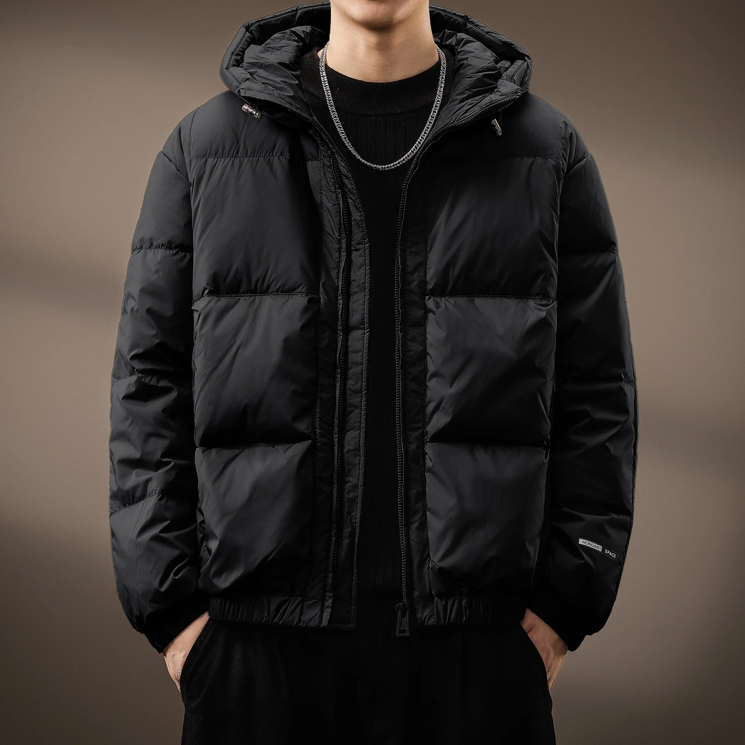 高端90鸭绒防风羽绒服男士连帽短款冬季新款美式保暖面包服外套男