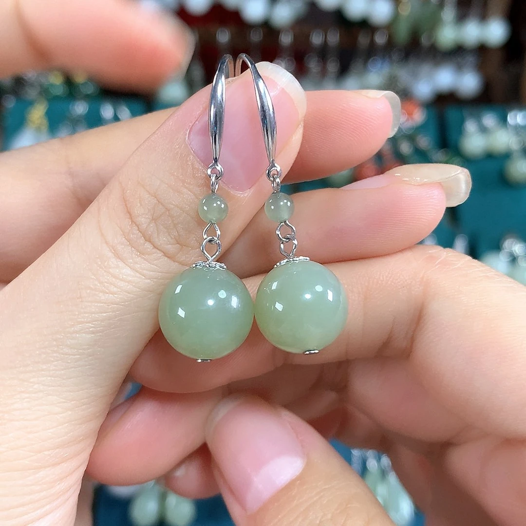 和田玉银S925镶嵌耳饰天然的卡12mm左右晴水