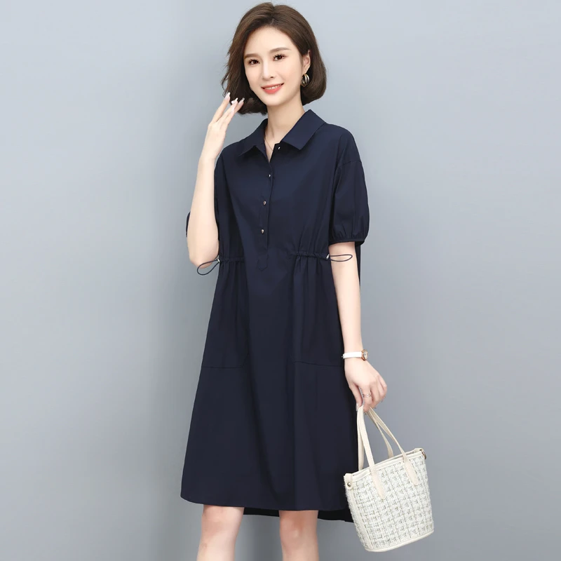 遮肚宽松连衣裙显高直筒短裙微胖休闲大码夏装妈妈款千金